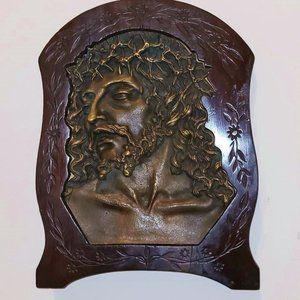 Rare Antique Cast Bronze Head of Jesus Sculpture - Original Carved Walnut Frame